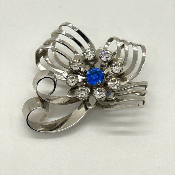 Vintage Bow Brooch Ribbon Pendant Floral & Clear Blue Center Silver-tone - Picture 4 of 11